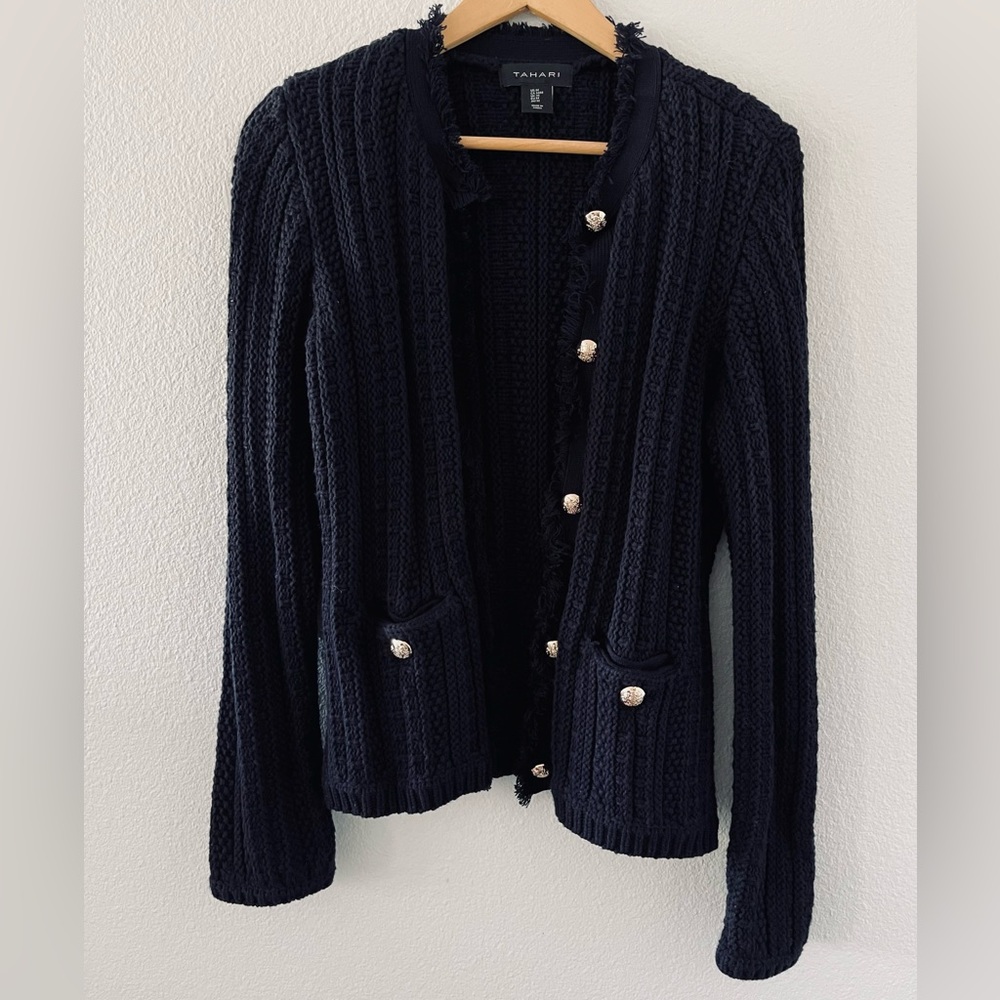 Tahari Dark Blue Cable Knit Fringe Hem Cardigan